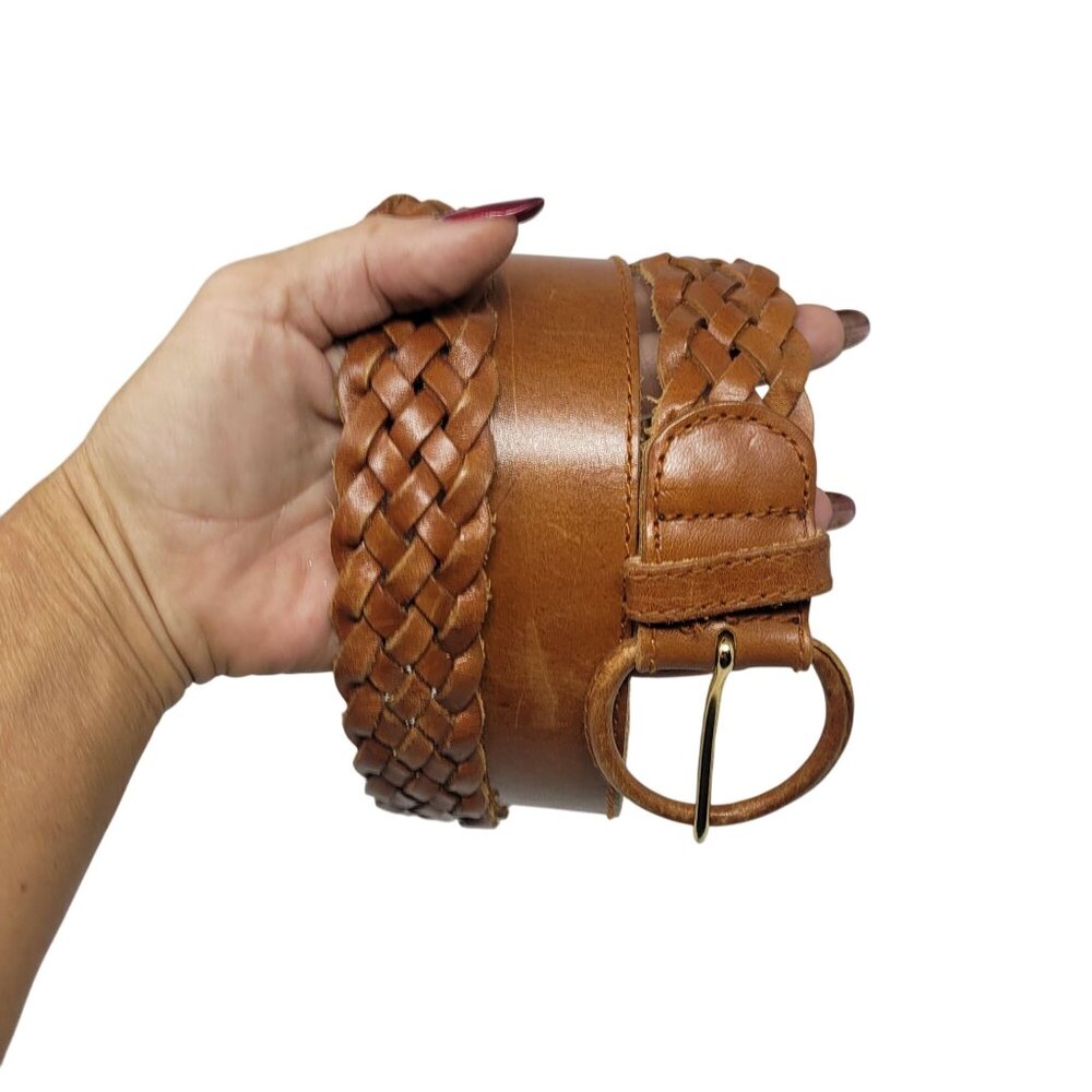 Vtg Western Boho‎ Camel Brown Braided Weaved Genuine Leather Belt Sz 2XL 38"